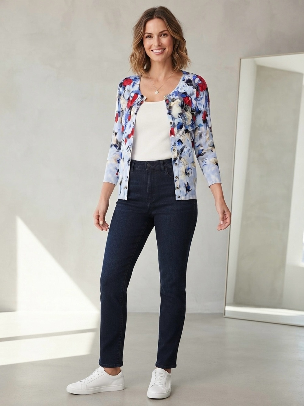White House Black Market Women's Blue Red Floral Print Button Front Cardigan L